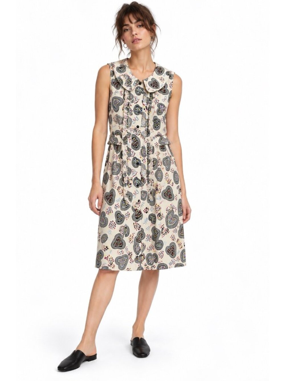 ANNA SUI dress hearts sleeveless 6 pleated downtown girl midi peter pan collar